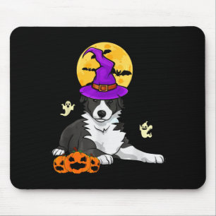 Black And White Border Collie Witch Halloween Mouse Pad