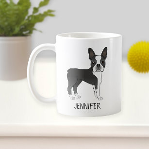 Black And White Boston Terrier Cartoon Dog & Name Coffee Mug
