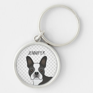 Black And White Boston Terrier Cartoon Dog & Name Key Ring