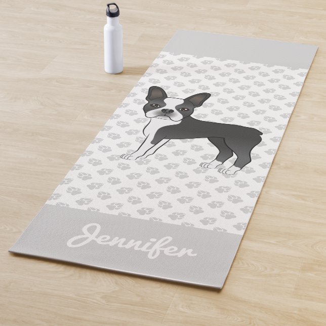 Black And White Boston Terrier Cartoon Dog & Name Yoga Mat (In Situ)