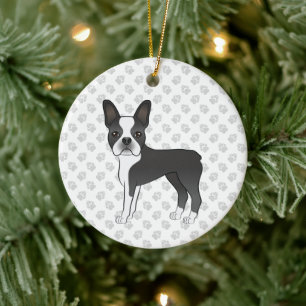 Black And White Boston Terrier Cartoon Dog & Paws Ceramic Ornament