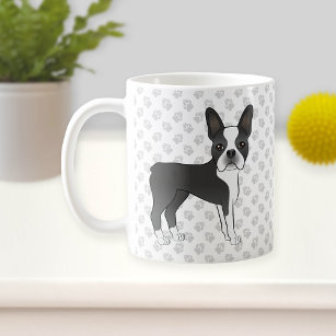 Black And White Boston Terrier Cartoon Dog & Paws Coffee Mug