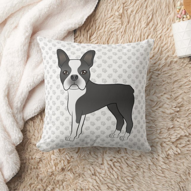 Black And White Boston Terrier Cartoon Dog & Paws Cushion (Blanket)