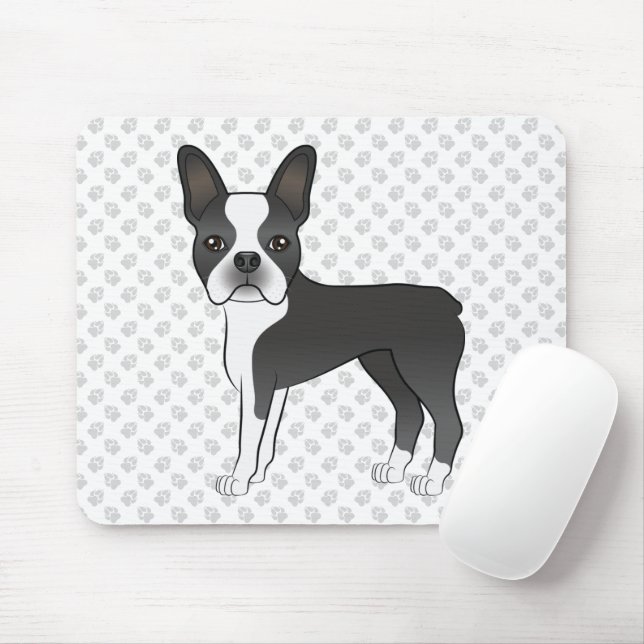 Black And White Boston Terrier Cartoon Dog & Paws Mouse Pad (With Mouse)