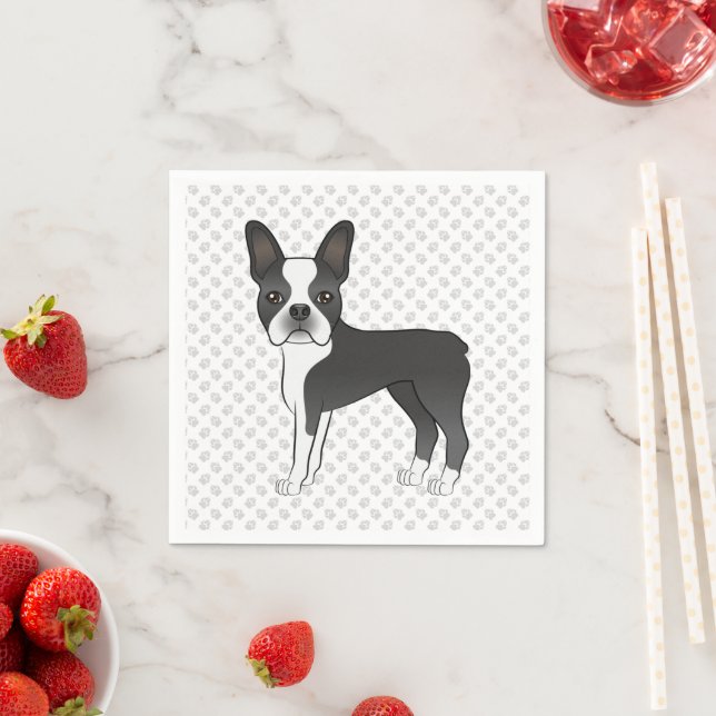 Black And White Boston Terrier Cartoon Dog & Paws Napkin (Insitu)