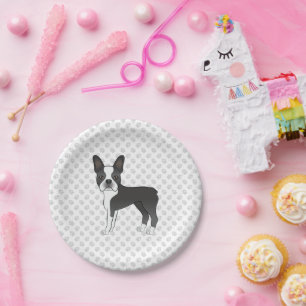 Black And White Boston Terrier Cartoon Dog & Paws Paper Plate