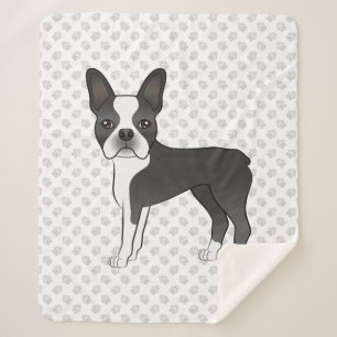 Black And White Boston Terrier Cartoon Dog & Paws Sherpa Blanket