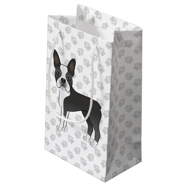 Black And White Boston Terrier Cartoon Dog & Paws Small Gift Bag (Back Angled)