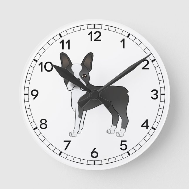 Black And White Boston Terrier Dog Illustration Round Clock (Front)
