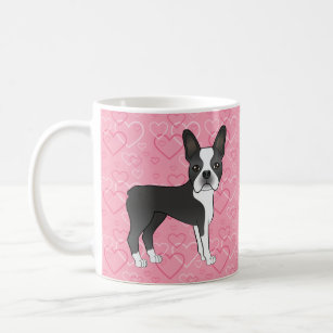 Black And White Boston Terrier Dog On Pink Hearts Coffee Mug
