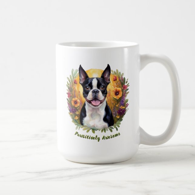 Black and White Boston Terrier in a flowery field Coffee Mug (Right)