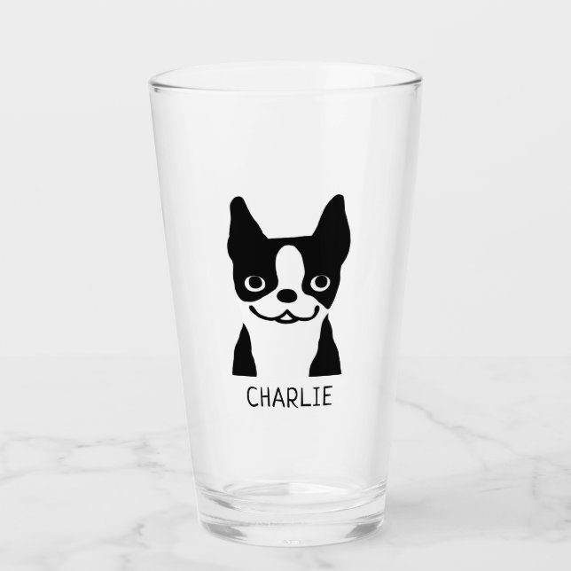 Black and White Boston Terrier Personalised Glass (Front)