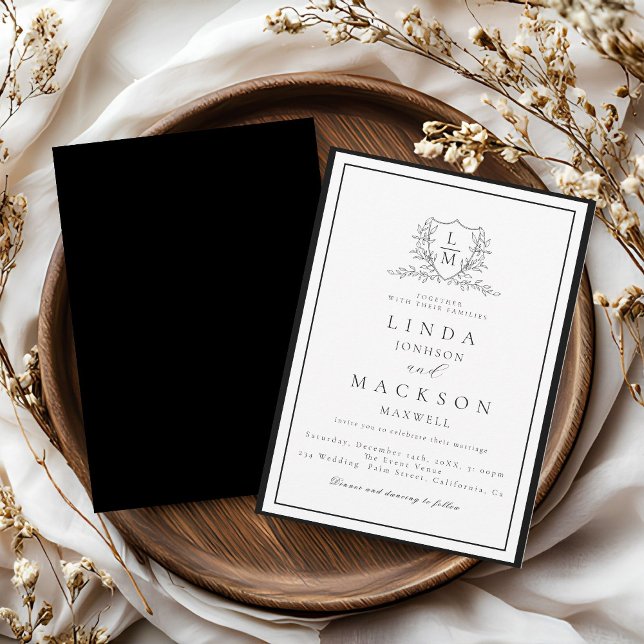 Black and white botanical crest monogram wedding invitation (Creator Uploaded)