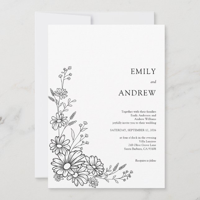 Black and White Botanical Daisy Garden Wedding Invitation (Front)