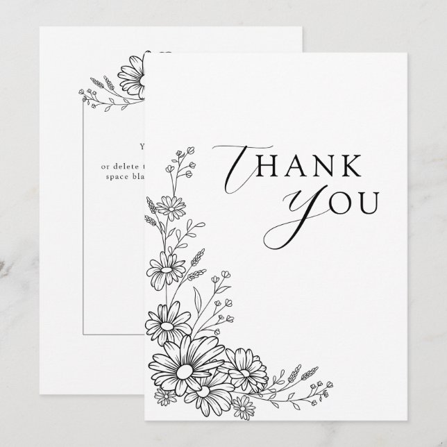 Black and White Botanical Daisy Garden Wedding Thank You Card (Front/Back)