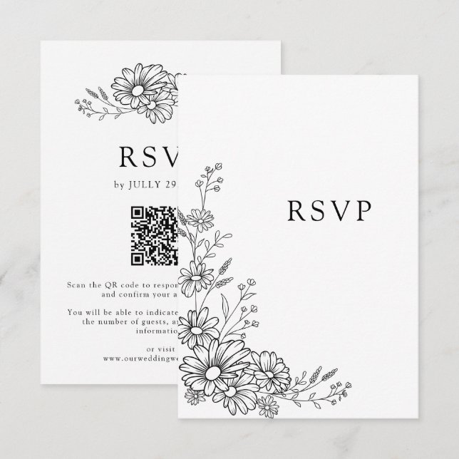 Black and White Botanical Daisy QR Code Wedding RSVP Card (Front/Back)