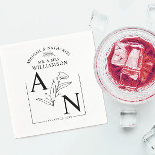 Black and White Botanical Floral Wedding Napkin