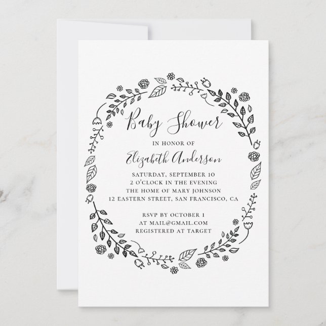 Black and white botanical foliage baby shower invitation (Front)