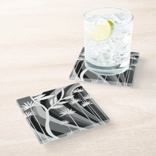 Black and White Botanical Illustration Curved Back Glass Coaster