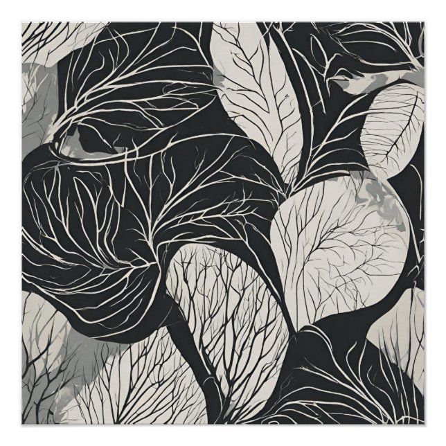 Black and White Botanical Leaf Art Poster (Front)
