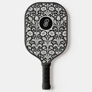 Black and White Botanical Monogram Pickleball Paddle