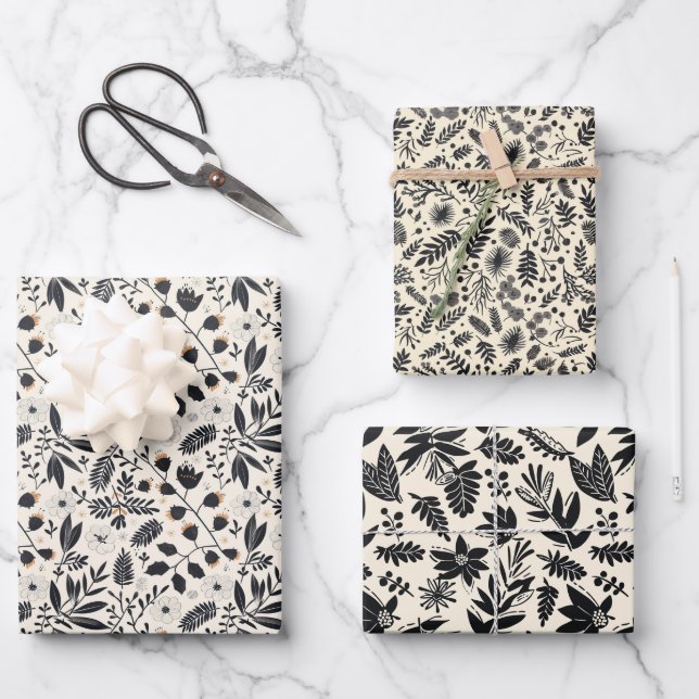 Black and White Botanical Pattern Rustic Christmas Wrapping Paper Sheet (Front)