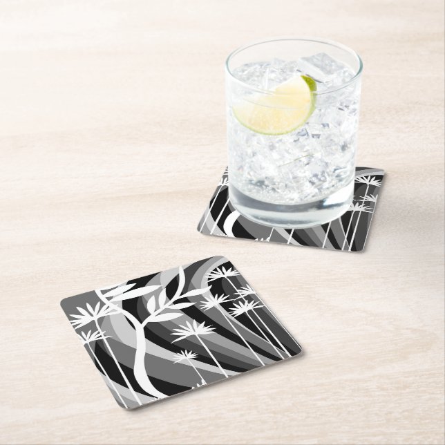 Black and White Botanical Plant Design Square Paper Coaster (Insitu)