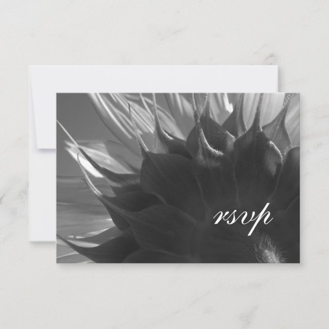 Black and White Botanical Sunflower Wedding RSVP Card (Front)