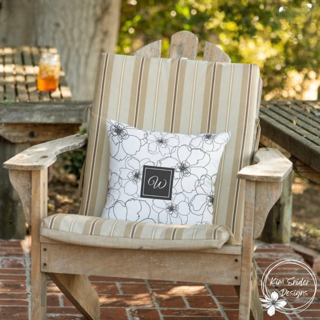 Black and White Botanical With Monogram Cushion (Creator Uploaded)