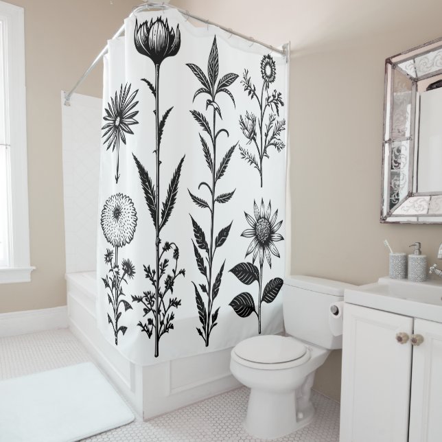 Black and White Botanicals Shower Curtain (In Situ)