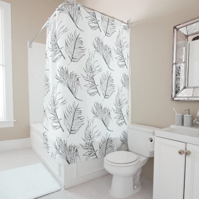 Black and White Botanicals Shower Curtain (In Situ)