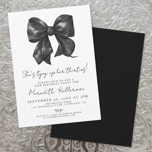 Black And White Bow 40th Birthday Invitation (Hand Drawn Black White Bow Bridal Shower Invitation)