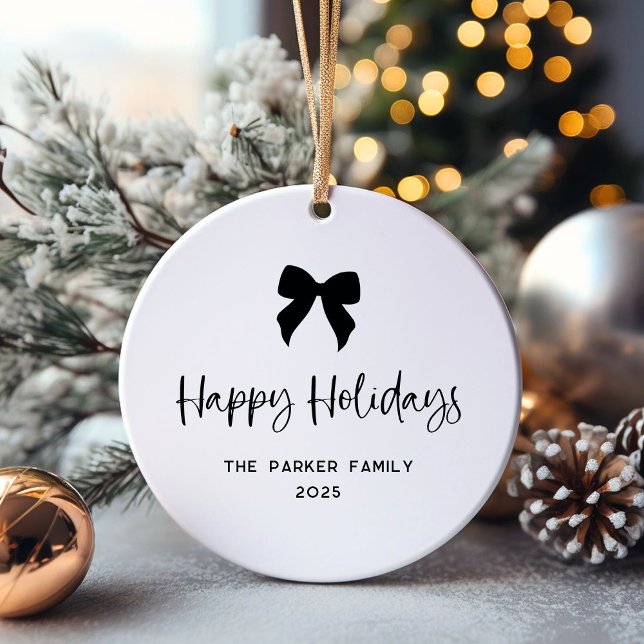 Black and White | Bow and Photo Happy Holidays Ceramic Ornament (Creator Uploaded)
