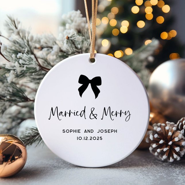 Black and White | Bow and Photo Married and Merry Ceramic Ornament (Creator Uploaded)