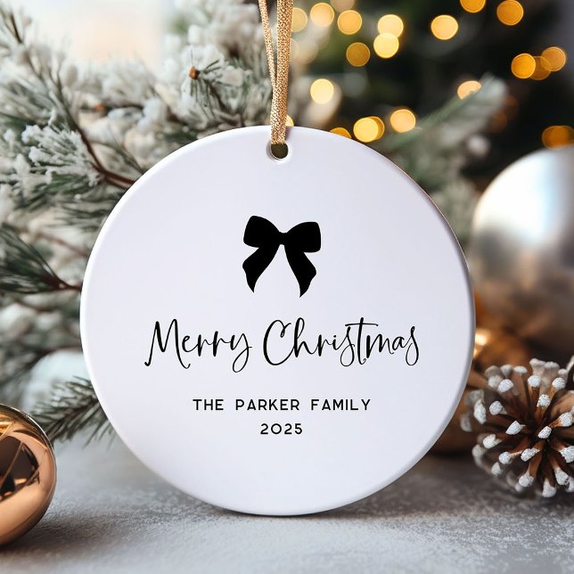 Black and White | Bow and Photo Merry Christmas Ceramic Ornament (Creator Uploaded)