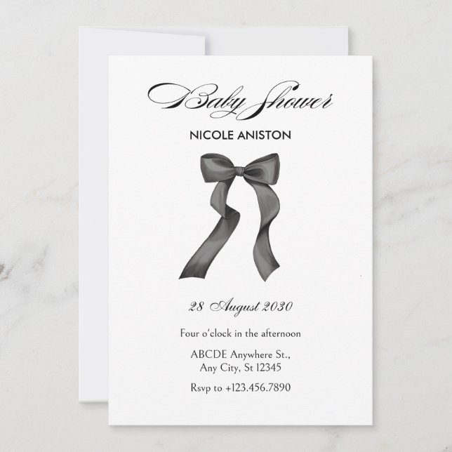 Black and white bow baby shower invitation (Front)