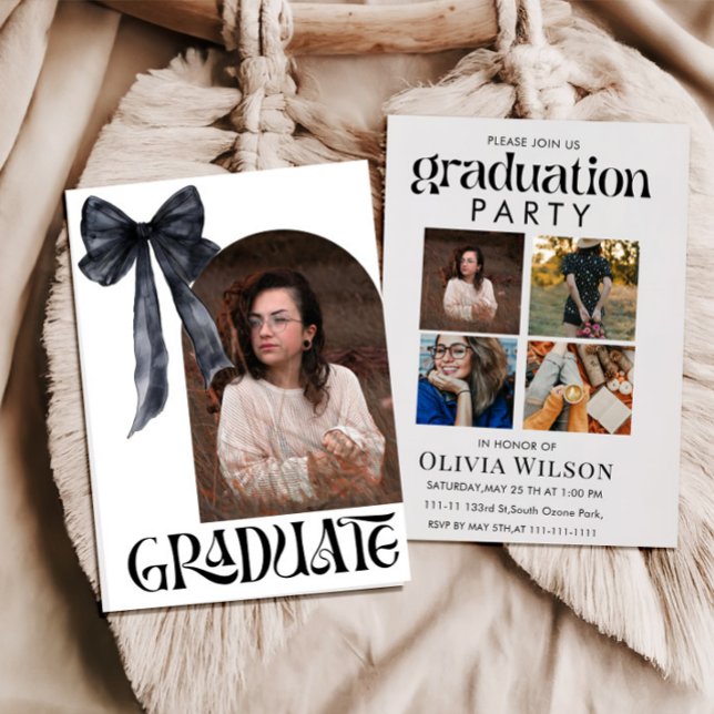 black and white Bow Graduation with Photos Invitation (Creator Uploaded)