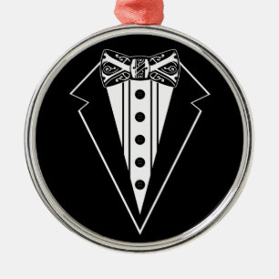 Black and White Bow Tie with Tux Metal Ornament