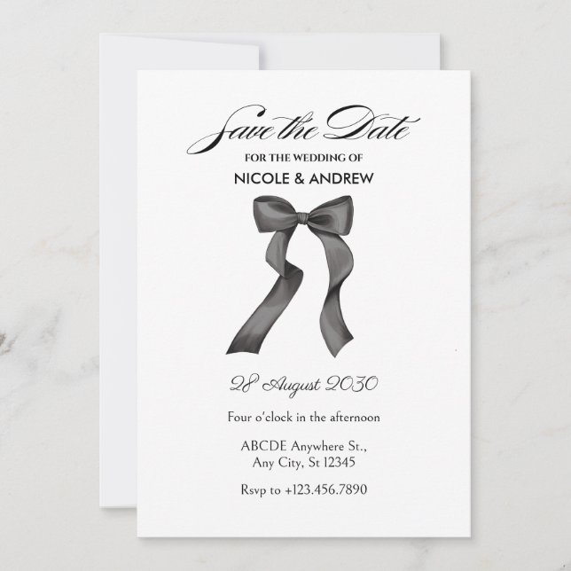 Black and white bow wedding  save the date (Front)