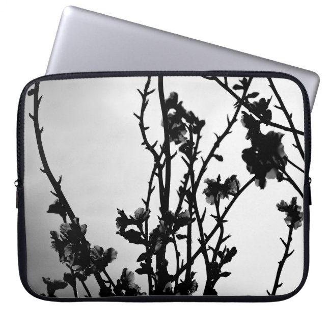 Black and white branches with flowers laptop sleeve (Front)