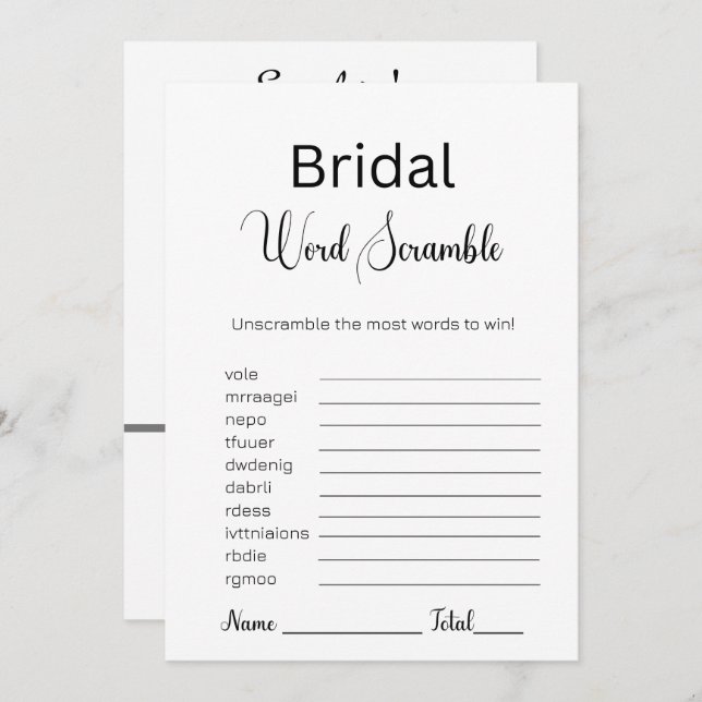 Black and White Bridal Word Scramble Game Invitation (Front/Back)
