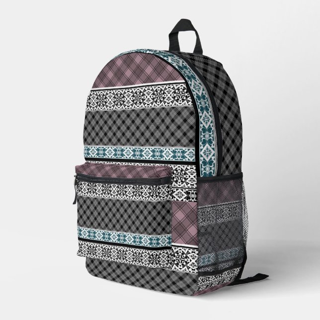 Black and white brown patchwork lace printed backpack (Back Corner Right)