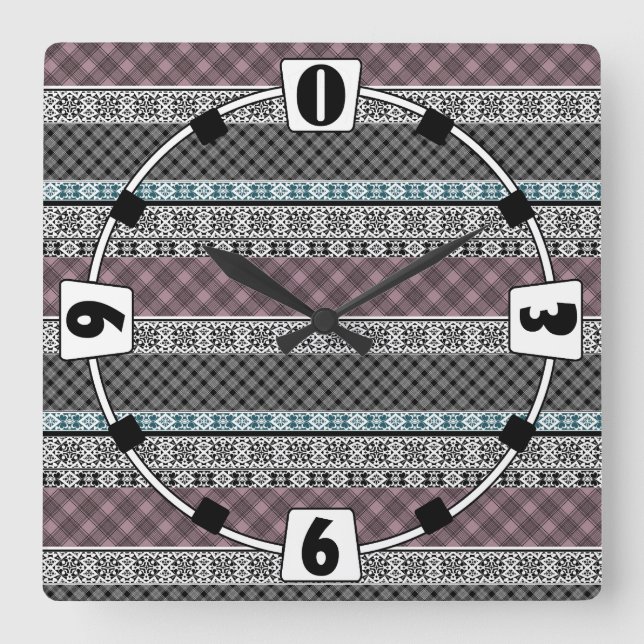 Black and white brown patchwork lace square wall clock (Front)