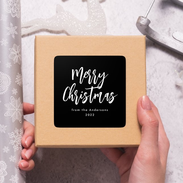 Black and White Brush Script Merry Christmas Square Sticker (Creator Uploaded)