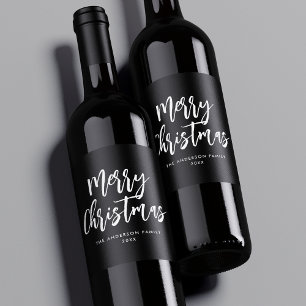 Black and White Brush Script Merry Christmas Wine Label