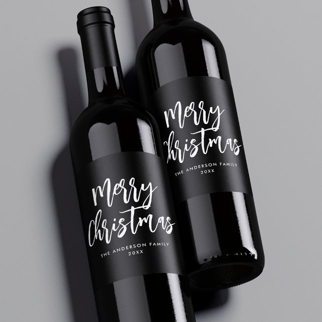 Black and White Brush Script Merry Christmas Wine Label (Creator Uploaded)