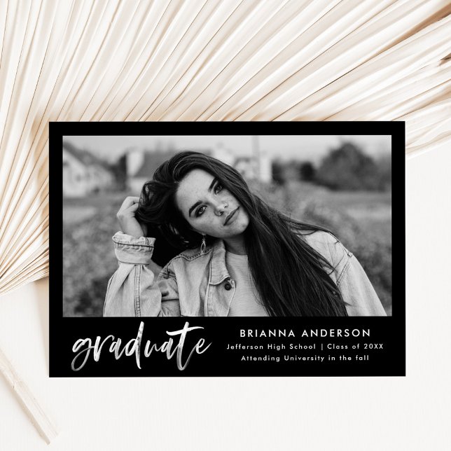 Black and White Brush Script Photo Graduation Announcement (Creator Uploaded)