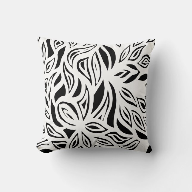 Black and White brushed floral Throw Pillow (Front)