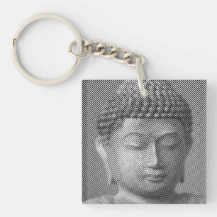 Black And White Buddha Face Statue Formed By Lines Key Ring