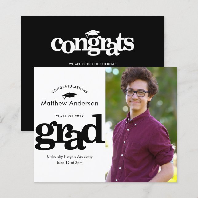 Black and white budget photo graduation invitation (Front/Back)